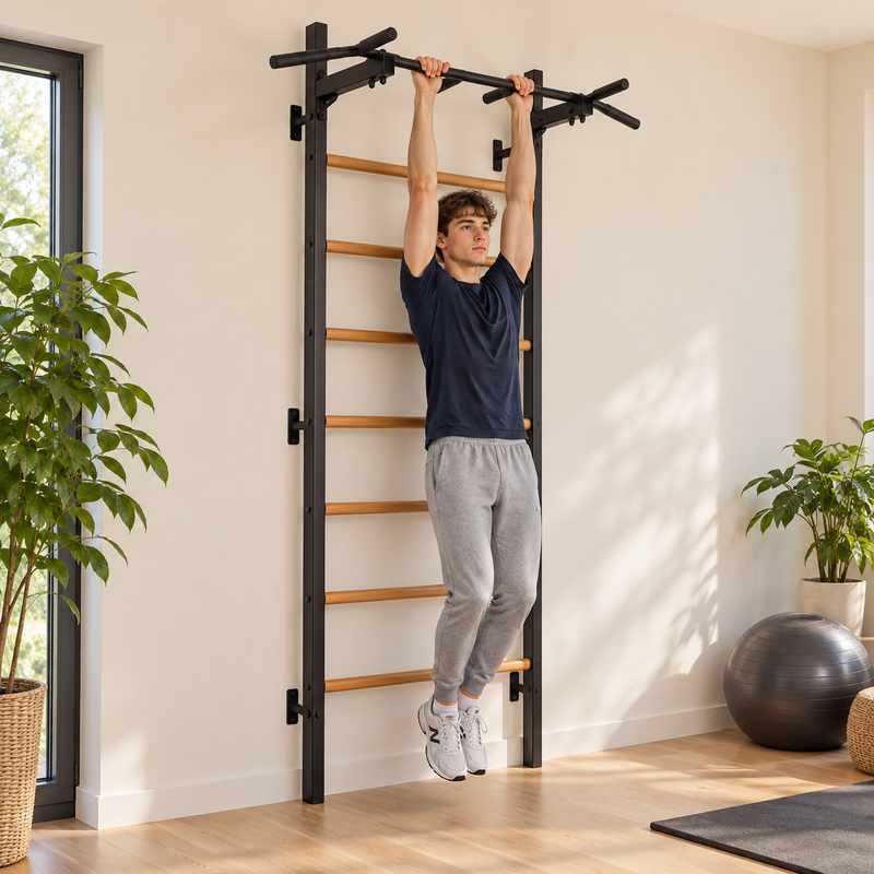 BenchK Steel Pull-Up Bar PB2 – Teen hanging with both hands from the black fixed steel pull-up bar; supporting wall bars and other room equipment are sold separately.