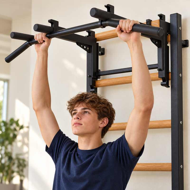 BenchK Convertible Pull-Up Bar PB3 – Close-up of a teen gripping the black pull-up attachment, with its removable rear hook frame visible; supporting wall bars are sold separately.