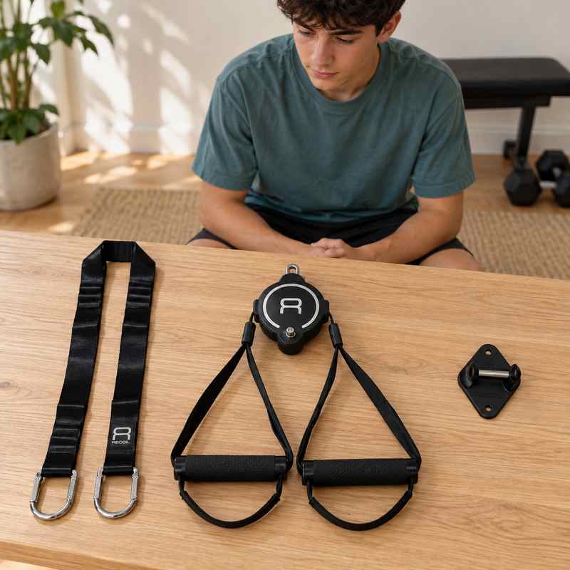 BenchK Recoil S2 Gym – Teen inspecting the trainer, two handles, lashing strap and diamond-shaped permanent mount before training; background exercise equipment is sold separately.