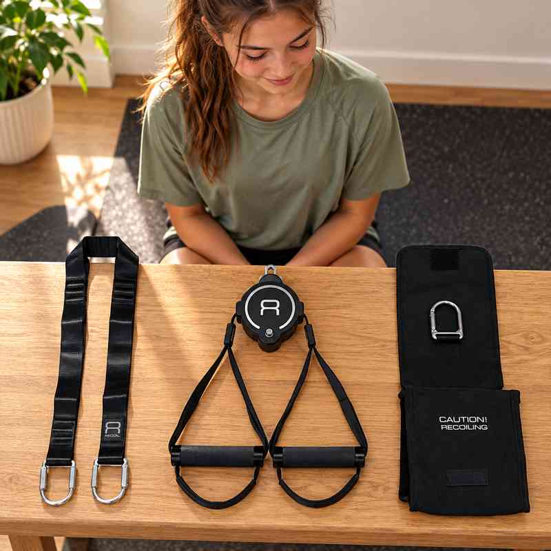 BenchK Recoil S2 Home – Teen inspecting the trainer, two handles, lashing strap and combined carry bag/door mount before training.