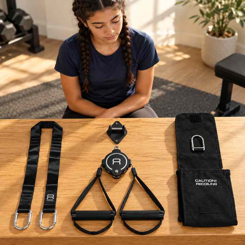 BenchK Recoil S2 Pro – Teen inspecting the trainer, two handles, lashing strap, carry bag/door mount and diamond-shaped permanent mount before training; background exercise equipment is sold separately.