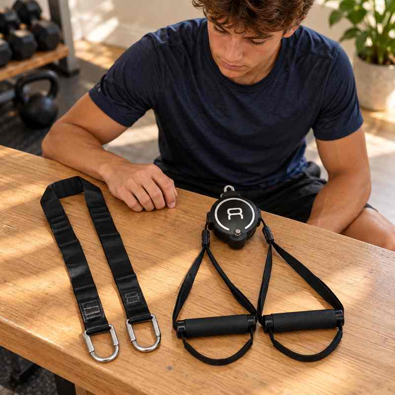 BenchK Recoil S2 Trainer – Teen inspecting the trainer, two handles and lashing strap laid out before training; background exercise equipment is sold separately.