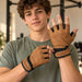 BenchK Leather Pull-Up Gloves – Large – Teen adjusting the wrist closure of the brown fingerless leather training gloves.