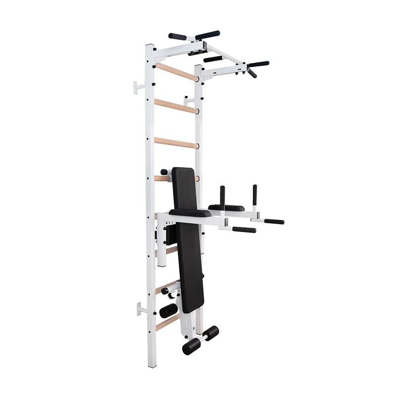 BenchK Wall Bars 223 – white 223 wall bars with fixed pull-up bar, dip station and workout bench