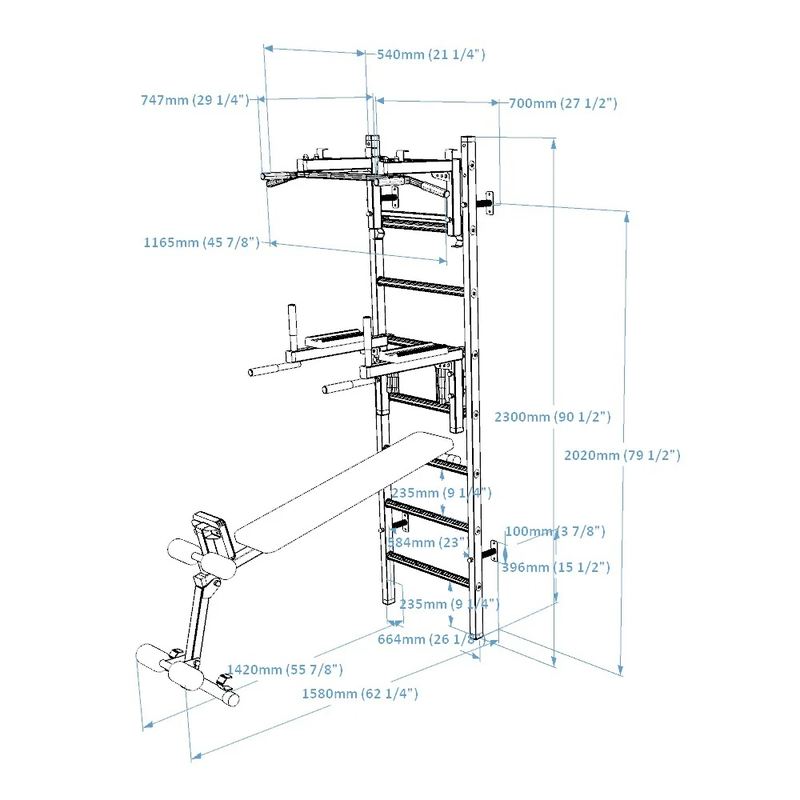 BenchK Wall Bars 233 – black model dimensions diagram