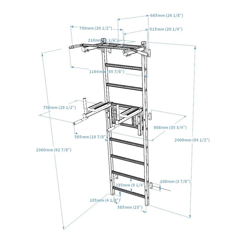 BenchK Wall Bars 722 – technical drawing of wall bars with pull-up bar and dip station
