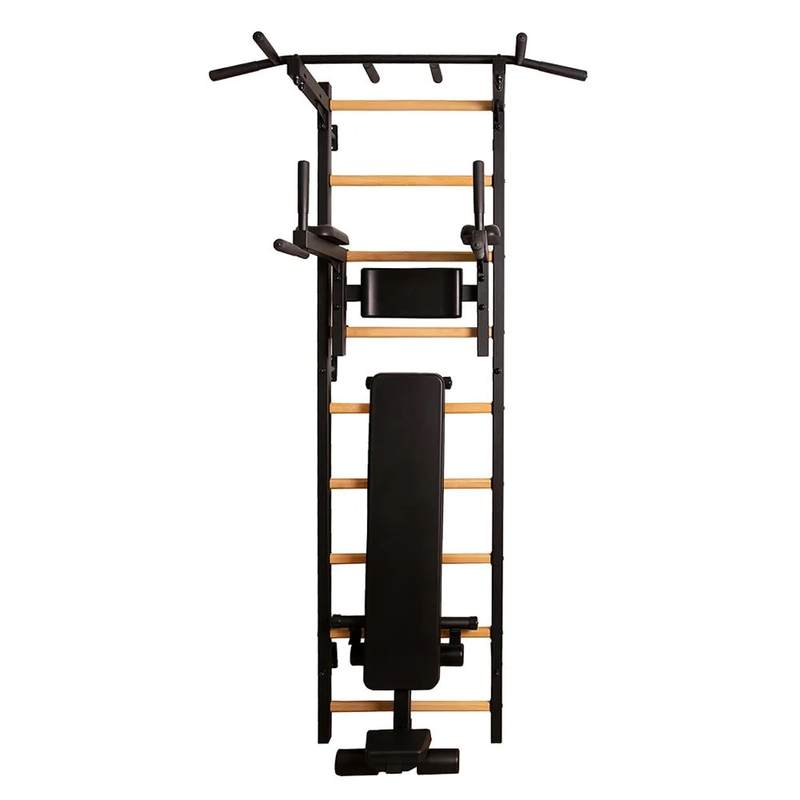 BenchK Wall Bars 723 – black 723 wall bars with fixed pull-up bar, dip station and workout bench