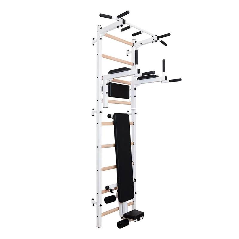 BenchK Wall Bars 723 – white 723 wall bars with fixed pull-up bar, dip station and workout bench