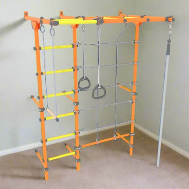 Brainrich Kids W3 Kids Exercise Wall With Orange Frame Yellow Ladder and Gray Rings