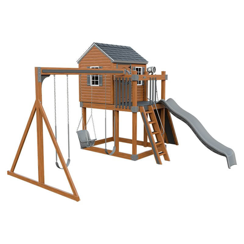 cabin vinyl playhouse chestnut wood gray front left