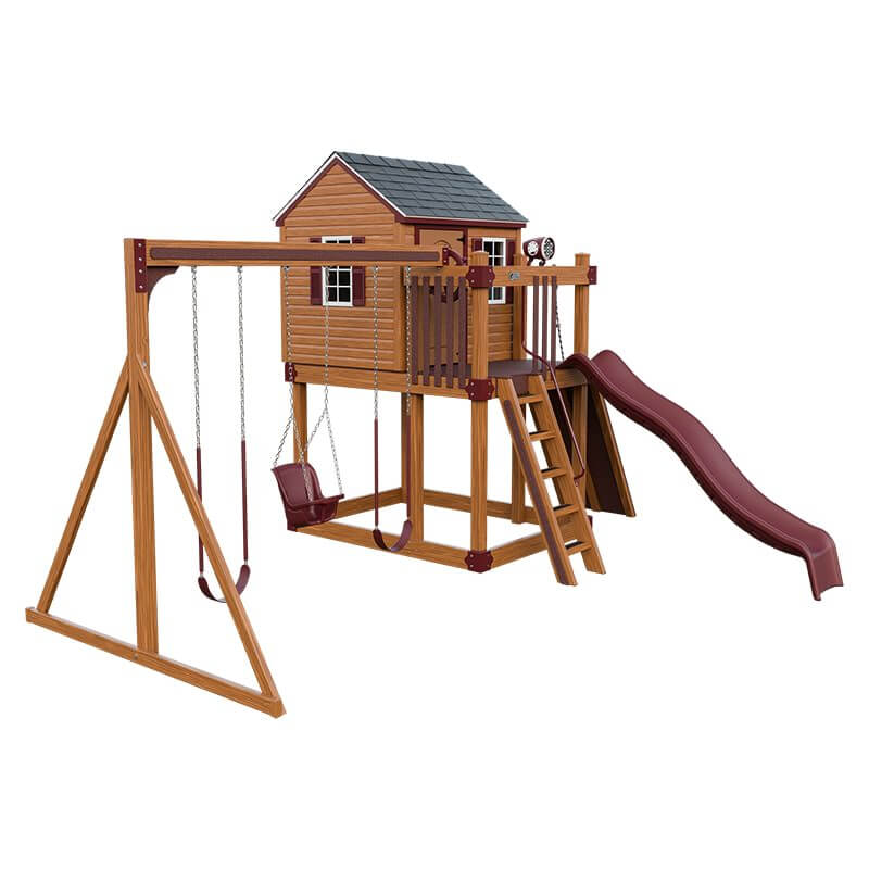 cabin vinyl playhouse chestnut wood red front left