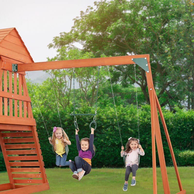 cedar_chalet_wooden_swing_set_kids_playing