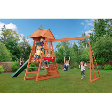 cedar_chalet_wooden_swing_set_swing_view