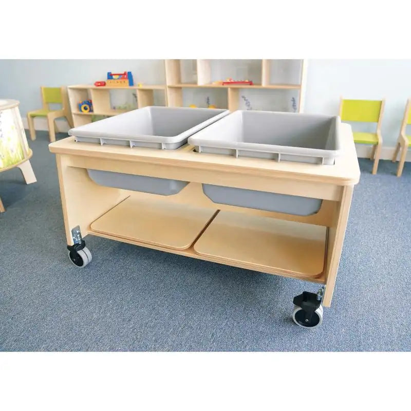 Whitney Brothers Mobile Sensory Play Table With 2 Tubs and Lids (CH4049) – Front classroom view with open tubs and lids stored on the lower shelf
