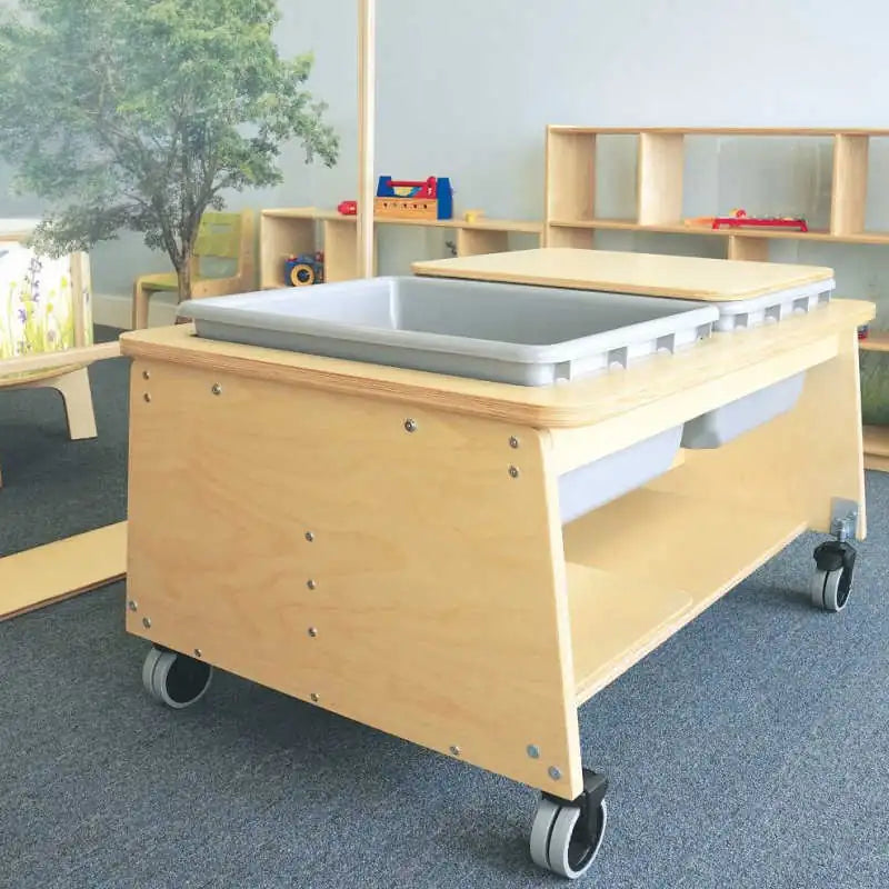 Whitney Brothers Mobile Sensory Play Table With 2 Tubs and Lids (CH4049) – Side classroom view showing open tubs and the lower shelf