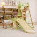 Child Plays on the Wooden Slide and Climbing Frame of the Avenlur Bush 6-in-1 Indoor Gym