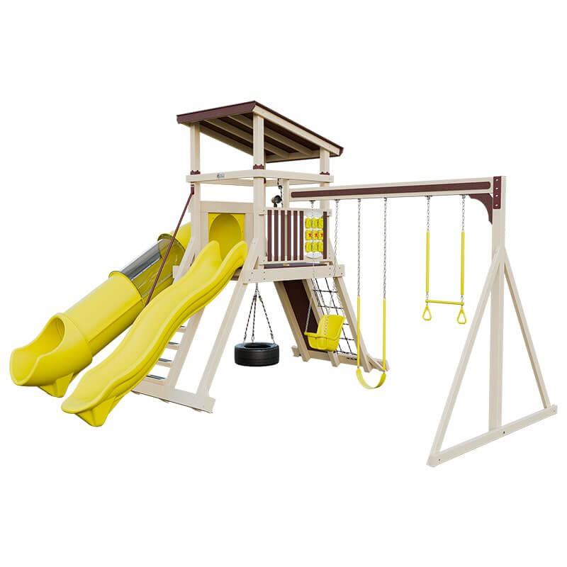 climber 55 deluxe vinyl swing set almond red yellow front right