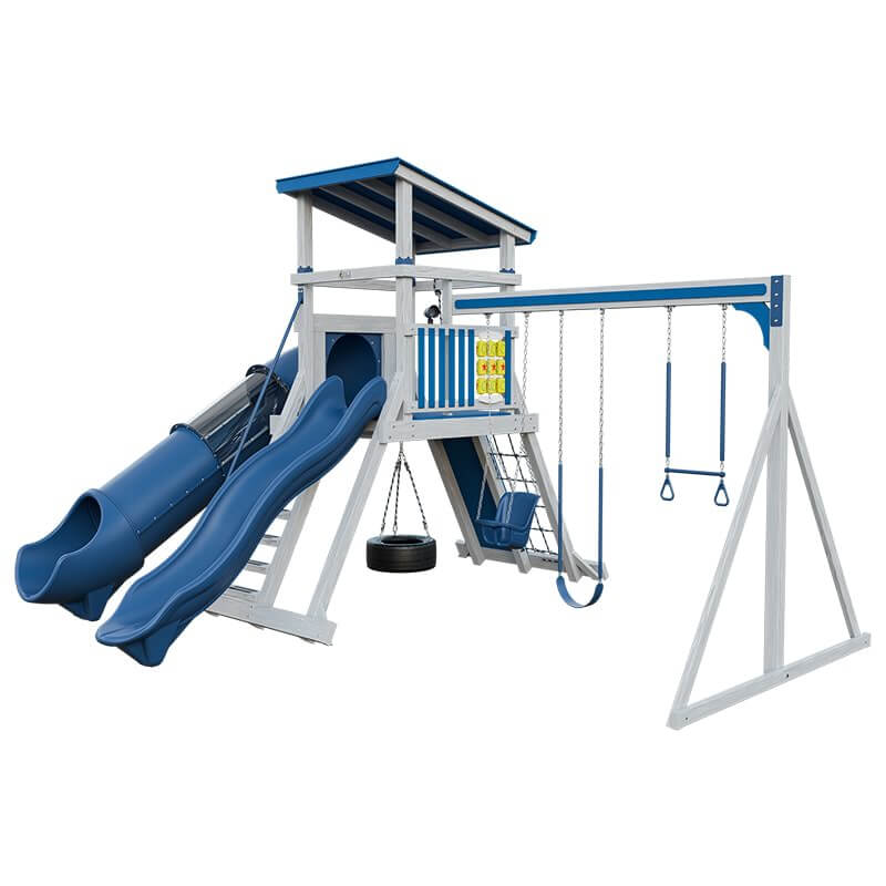 climber 55 deluxe vinyl swing set ash wood blue front right