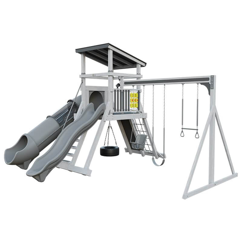 climber 55 deluxe vinyl swing set ash wood gray front right