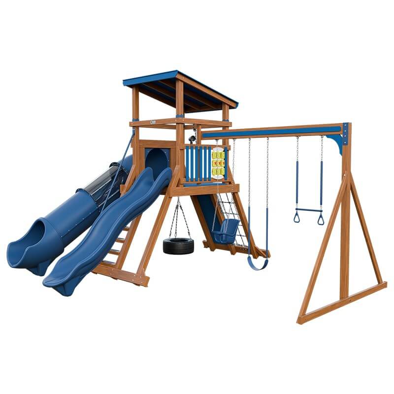 climber 55 deluxe vinyl swing set chestnut wood blue front right