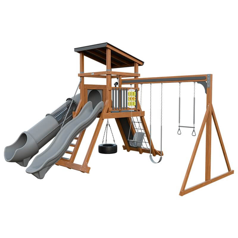 climber 55 deluxe vinyl swing set chestnut wood gray front right