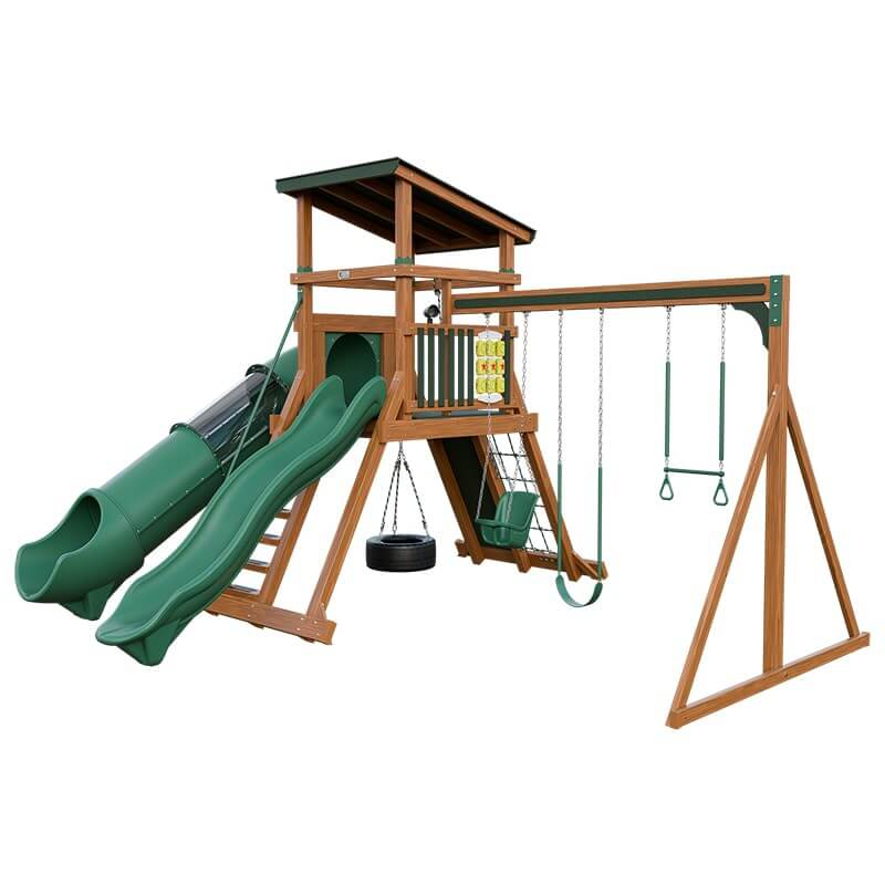 climber 55 deluxe vinyl swing set chestnut wood green front right