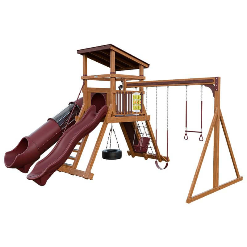 climber 55 deluxe vinyl swing set chestnut wood red front right