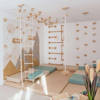 Wood and Hearts Climbing Wall Playground – mountain design climbing wall with bars ropes and optional mats