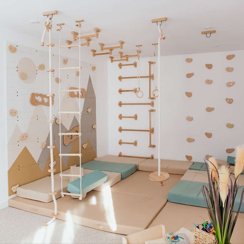 Wood and Hearts Climbing Wall Playground – mountain design climbing wall with bars ropes and optional mats