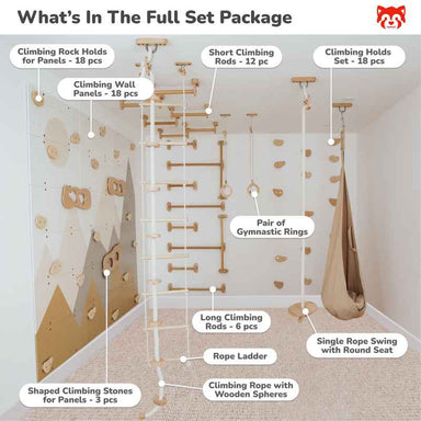 Wood and Hearts Climbing Wall Playground – included components labeled in a mountain playroom