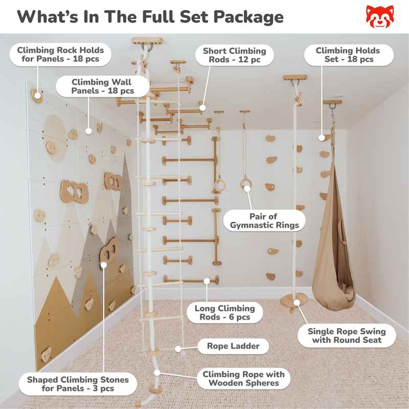 Wood and Hearts Climbing Wall Playground – included components labeled in a mountain playroom