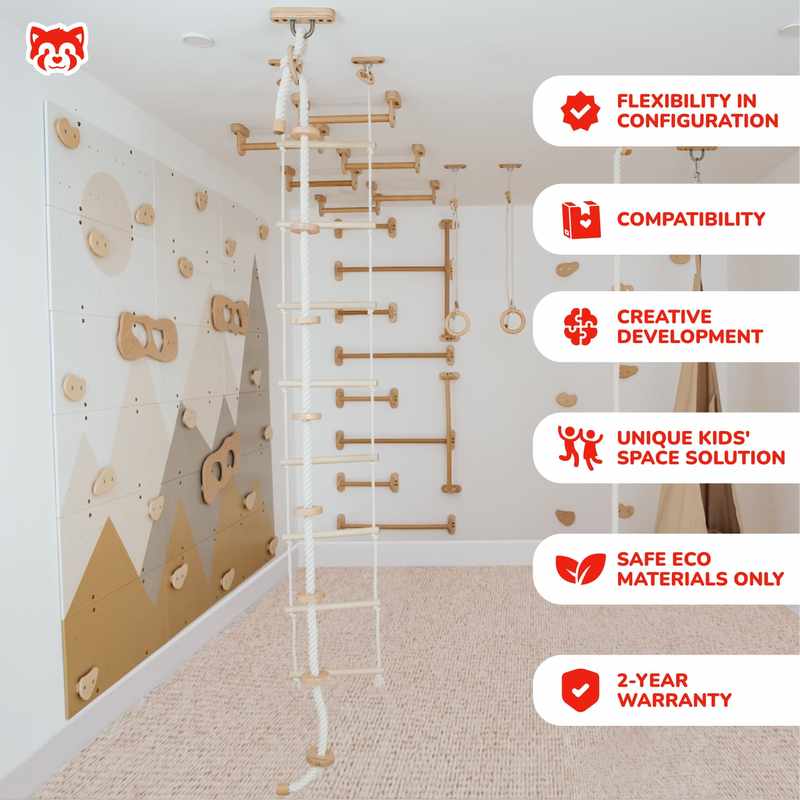 Wood and Hearts Climbing Wall Playground – mountain playroom with supplier feature labels
