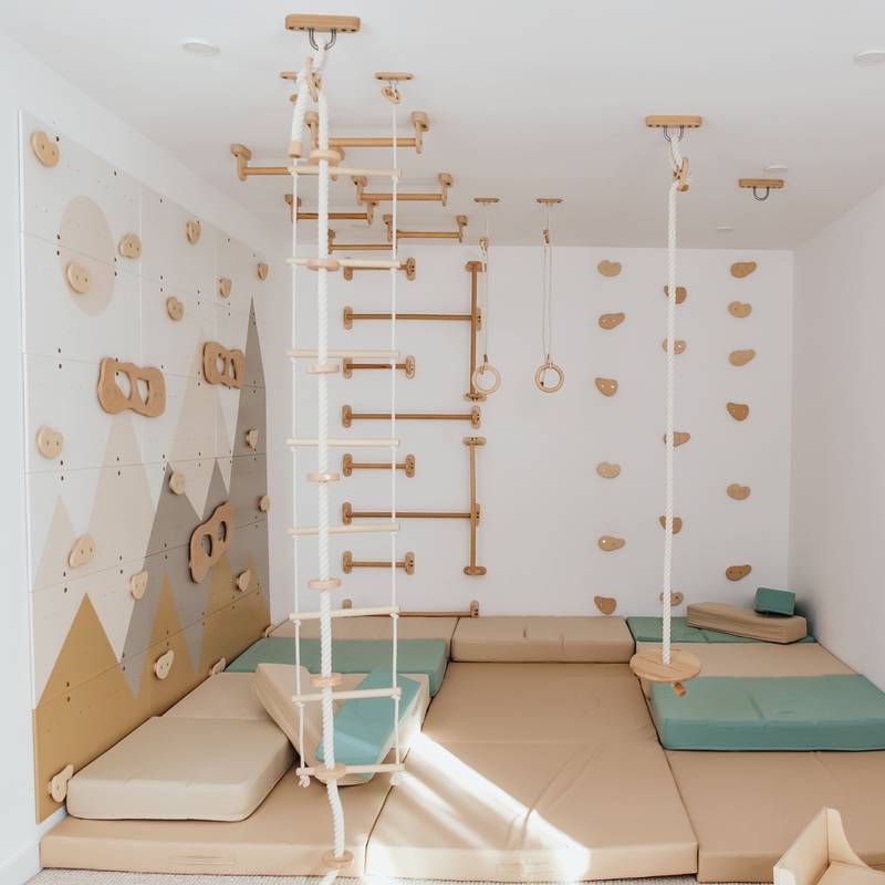 Wood and Hearts Climbing Wall Playground – full mountain playroom arrangement with optional mats