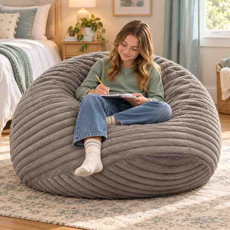 Cloud Comfort Bean Bag (Standard) – tween doing homework on the Grey faux fur corduroy bean bag in a bedroom