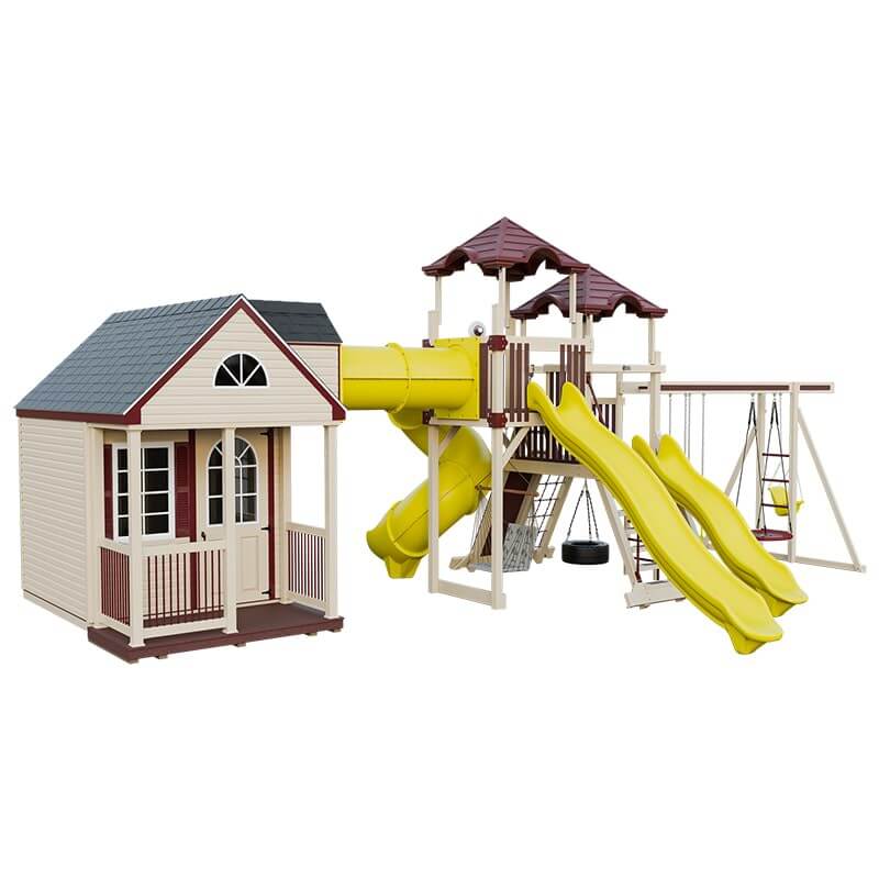 cottage escape vinyl playhouse with porch almond red yellow front left