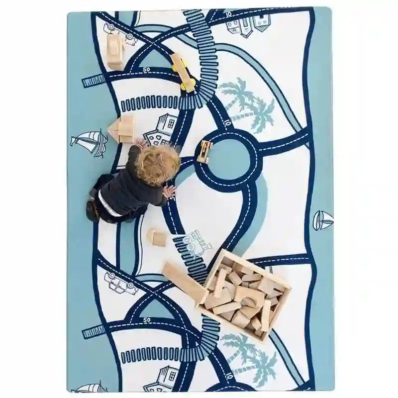 Reverse side of the Dakota Blue Shwally Playmat with illustrated road design