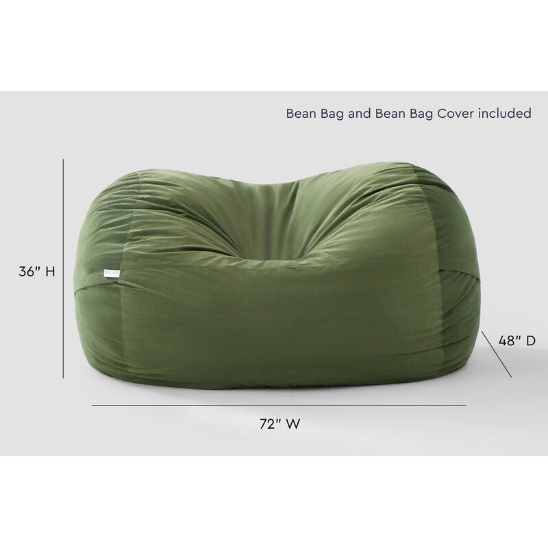 Cloud Comfort Bean Bag (Double) – Olive Green chair showing 72 by 48 by 36 inch dimensions