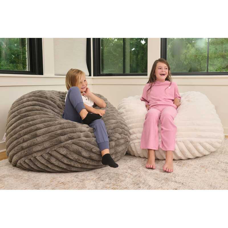 Cloud Comfort Bean Bag (Small) – two kids sitting on separate Grey and Cream chairs