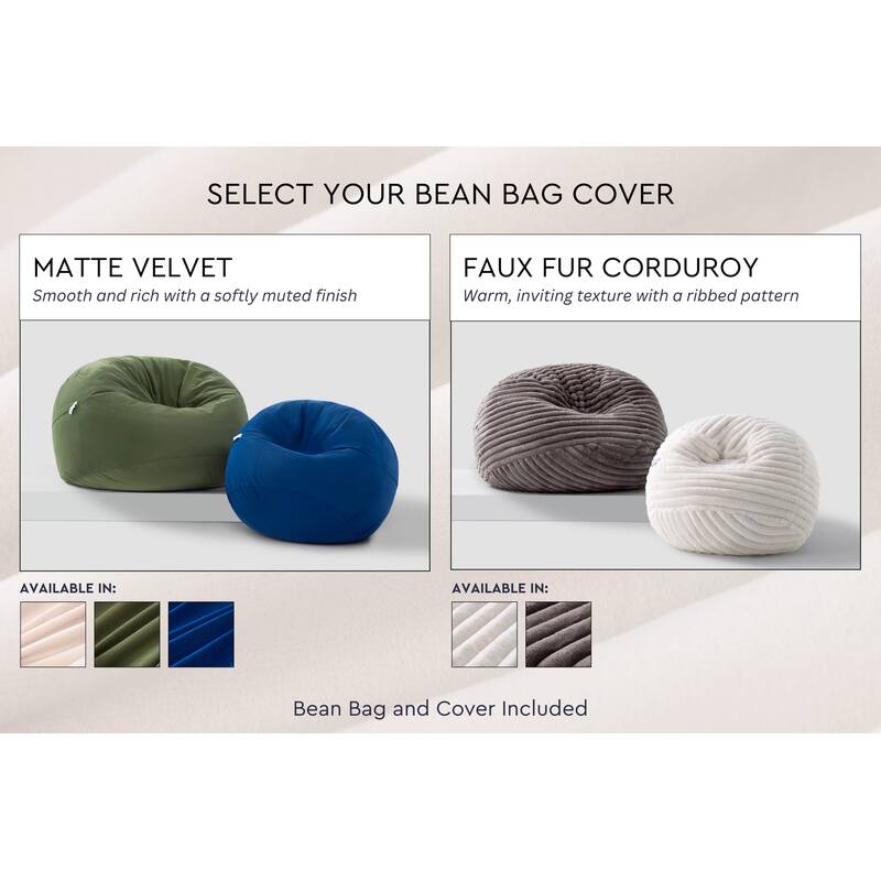 Cloud Comfort Bean Bag (Small) – matte velvet and faux fur corduroy fabric comparison