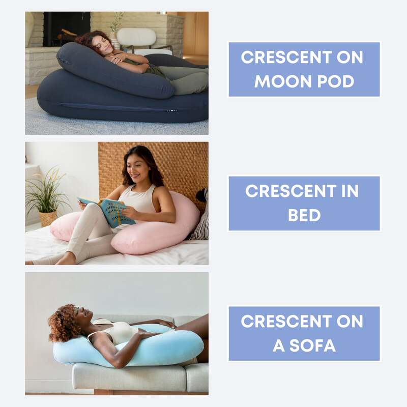 Crescent Backrest – examples of backrest use on a Moon Pod, bed and sofa