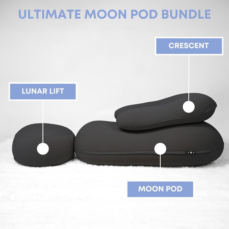 Moon Pod Bundle (Moon Pod + Backrest + Footrest) – Cosmic Ash diagram labeling all three included pieces