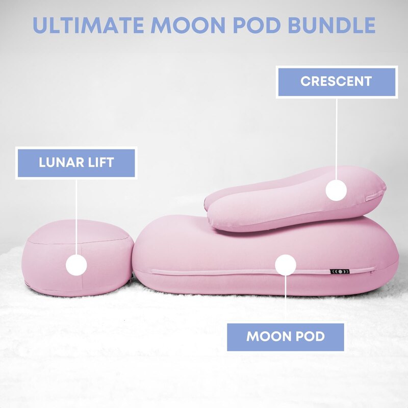 Moon Pod Bundle (Moon Pod + Backrest + Footrest) – Rose Quartz diagram labeling all three included pieces