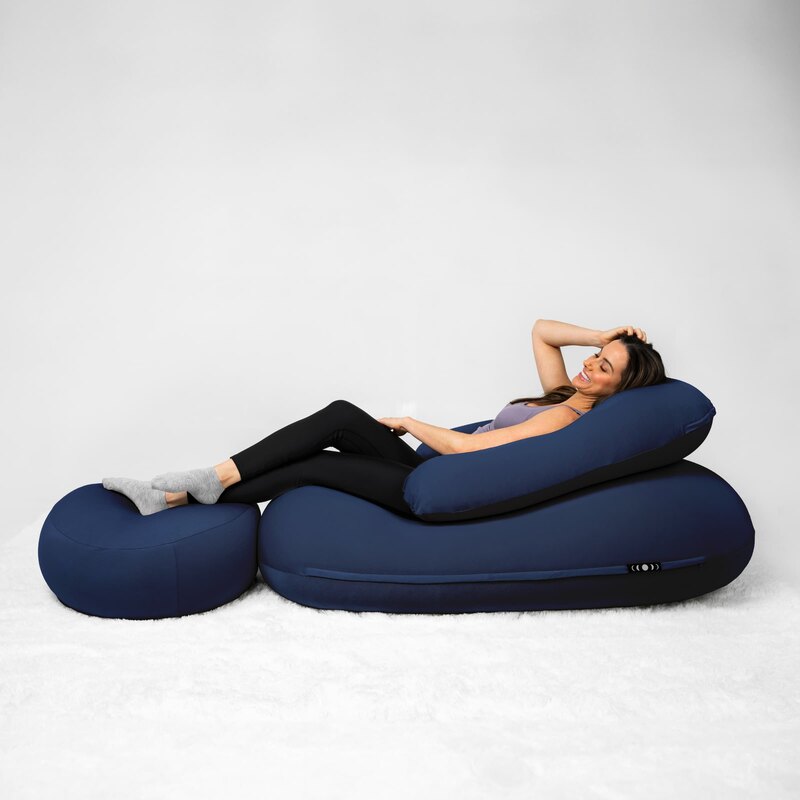 Moon Pod Bundle (Moon Pod + Backrest + Footrest) – side view of Moon Indigo seat, backrest and footrest in use