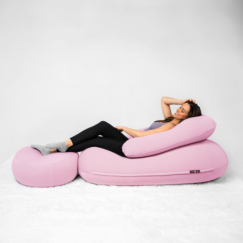 Moon Pod Bundle (Moon Pod + Backrest + Footrest) – side view of Rose Quartz seat, backrest and footrest in use
