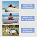 Outdoor Moon Pod – examples of the covered seat beside a pool, on a beach and in a park
