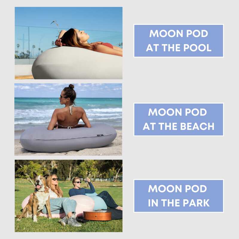 Outdoor Moon Pod – examples of the covered seat beside a pool, on a beach and in a park