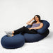 Moon Pod Bundle (Moon Pod + Backrest + Footrest) – Moon Indigo seat, Crescent Backrest and Lunar Lift Footrest in use