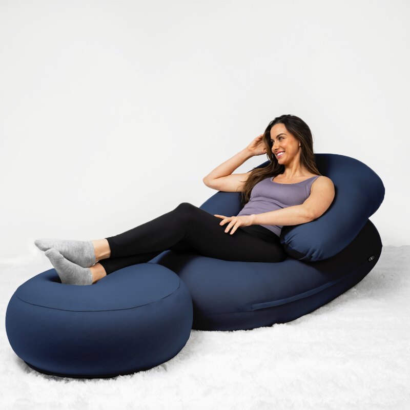 Moon Pod Bundle (Moon Pod + Backrest + Footrest) – Moon Indigo seat, Crescent Backrest and Lunar Lift Footrest in use