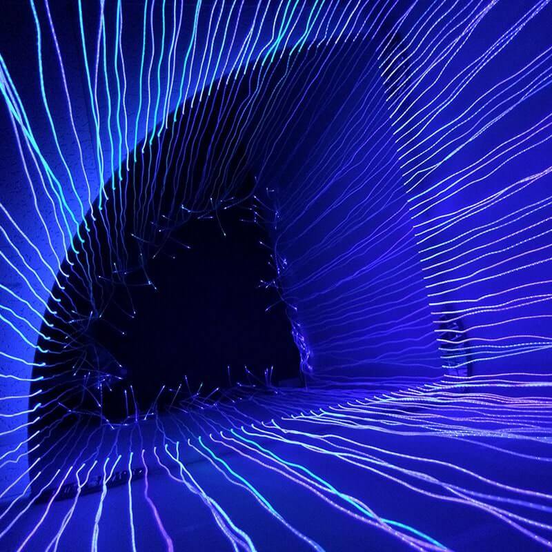 Inside view of the Experia Fiber Optic Sensory Light Corner Shower glowing blue