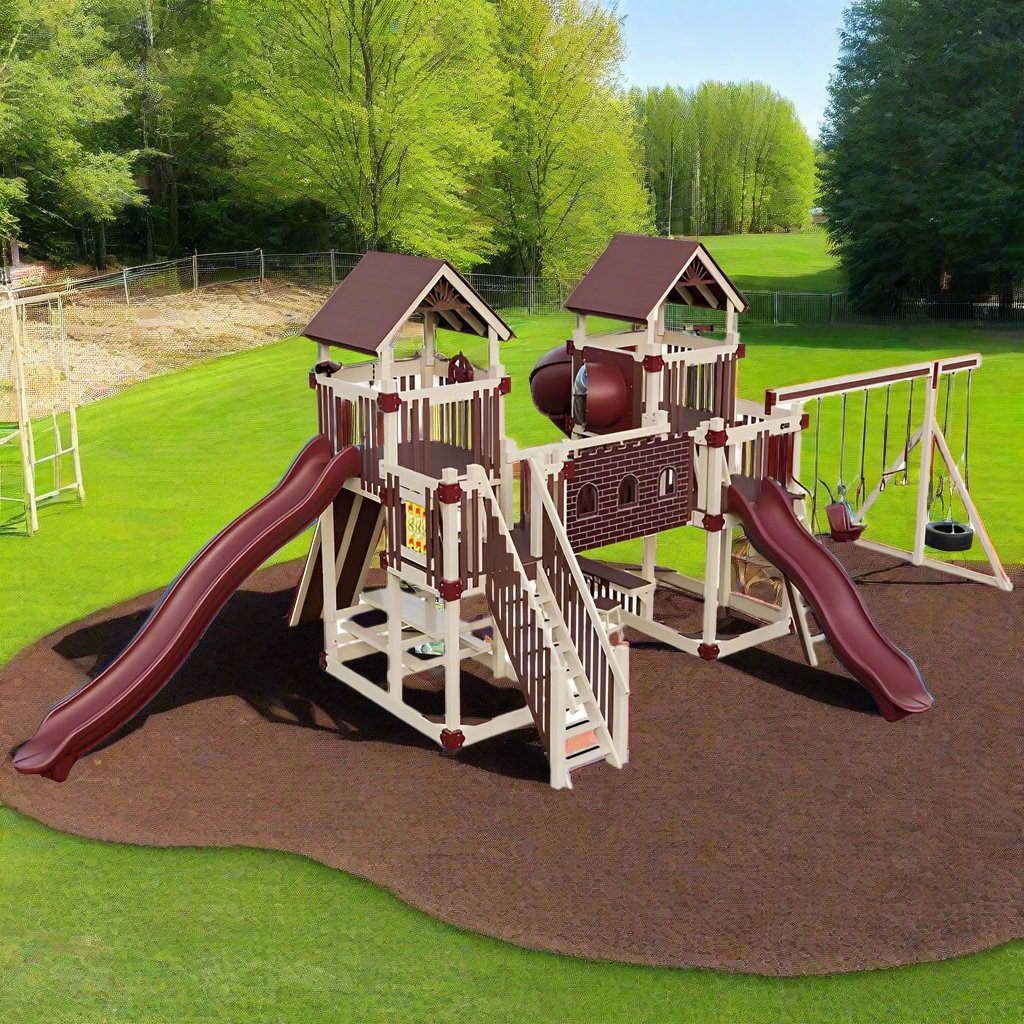 fortress amish made playset with fort in a yard on rubber playground mulch